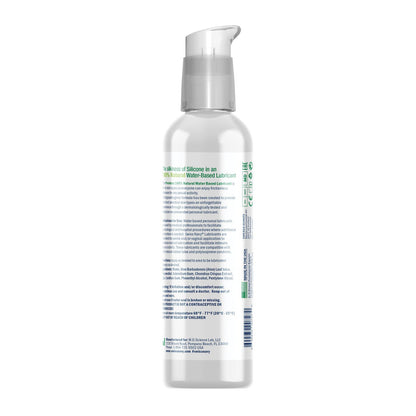 A clear plastic bottle with a pump dispenser contains Swiss Navy Naked All Natural Lubricant. The label details its 100% natural, hypoallergenic formula, along with usage instructions and ingredient information.