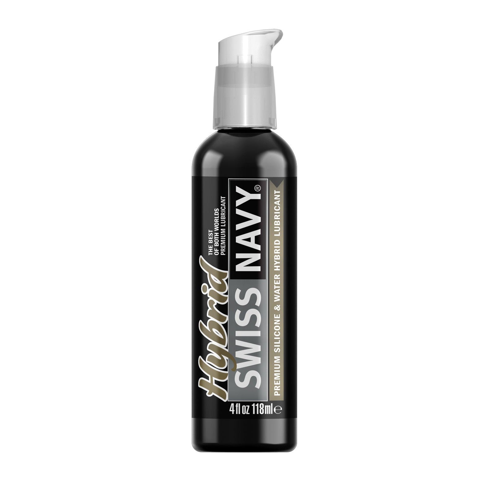 A 4 oz bottle of Swiss Navy Premium Hybrid Lubricant with a black and gray label includes a pump dispenser. It combines silicone and water-based formulas for premium lubrication thats condom compatible, ensuring safety and pleasure.