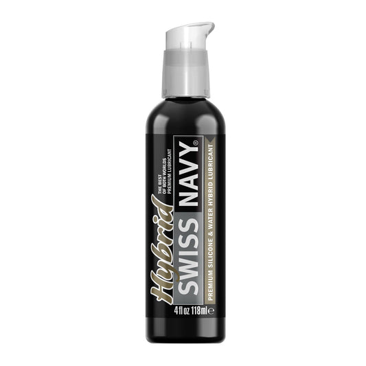 A 4 oz bottle of Swiss Navy Premium Hybrid Lubricant with a black and gray label includes a pump dispenser. It combines silicone and water-based formulas for premium lubrication thats condom compatible, ensuring safety and pleasure.