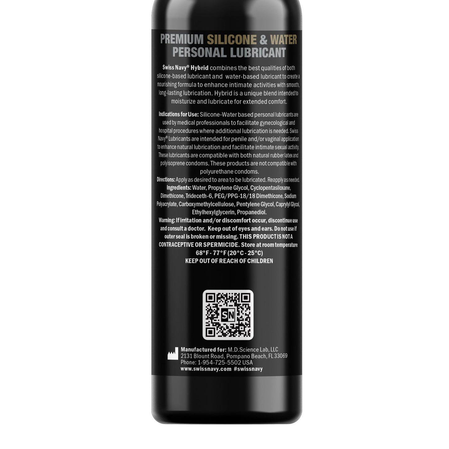 The Swiss Navy Premium Hybrid Lubricant, in a 4 oz black bottle with white and metallic text, provides condom compatibility and a premium experience. It features a label with product details, usage directions, and a QR code at the bottom for added convenience.