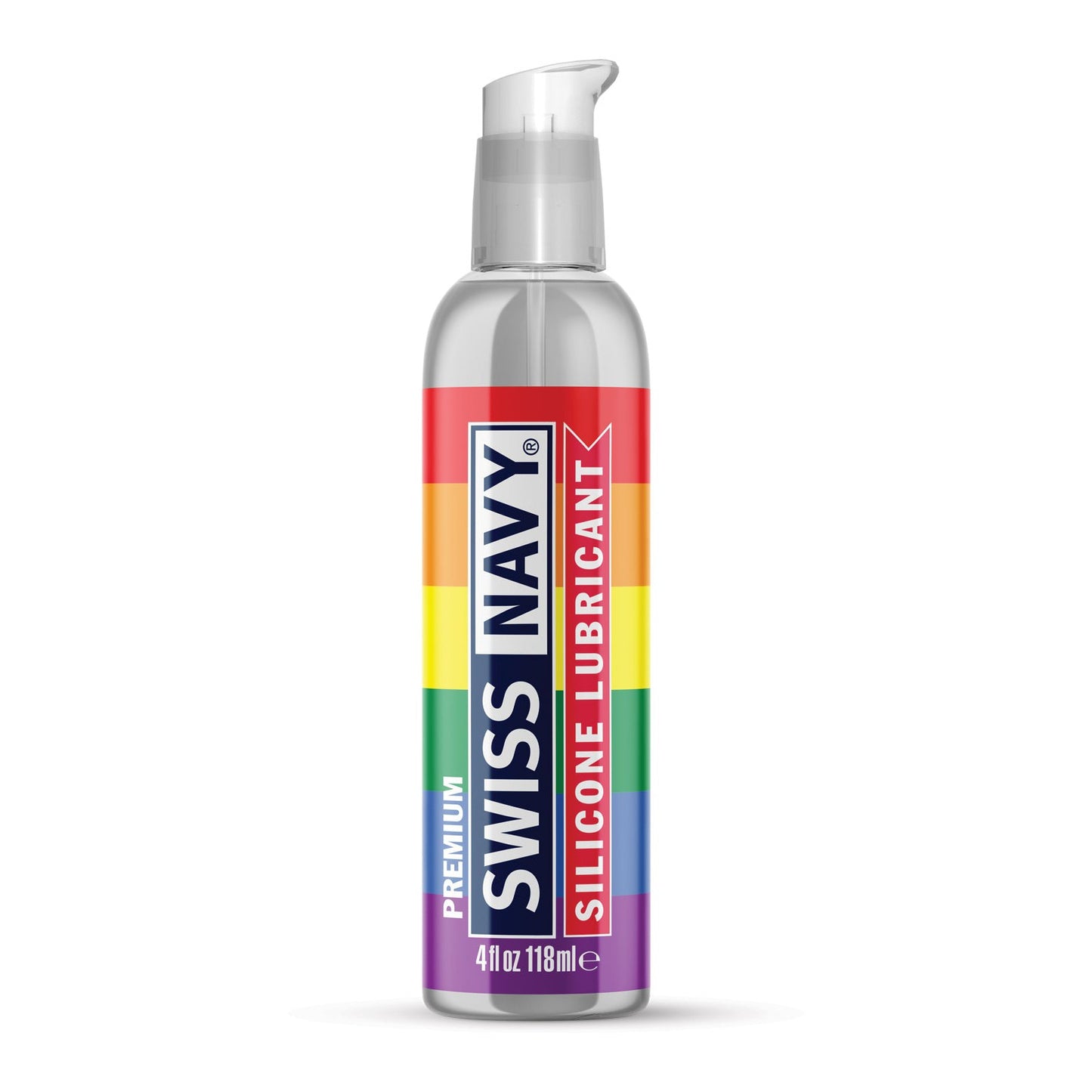 Swiss Navys PRIDE Edition Silicone Lubricant features a rainbow label on a clear 4oz bottle with a pump. Its long-lasting formula is perfect for celebrating love in all forms.