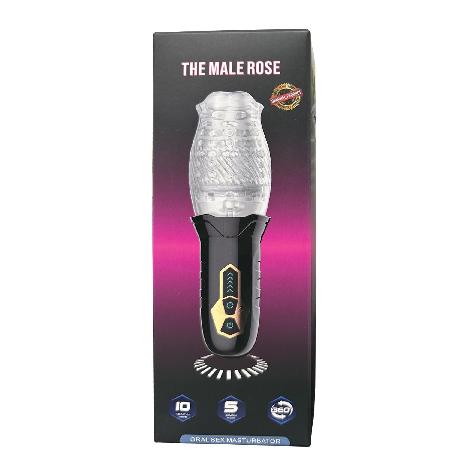 The packaging of The Male Rose Gawk Gawk 3000 Rotating Blow Job Simulator, an elegant electronic personal device, boasts a black and transparent design. A pink gradient on the dark background highlights details like 10 vibration modes and the allure of the viral rose sensation.