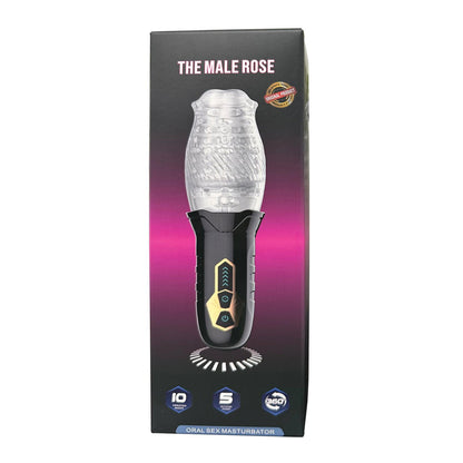 The packaging of The Male Rose Gawk Gawk 3000 Rotating Blow Job Simulator, an elegant electronic personal device, boasts a black and transparent design. A pink gradient on the dark background highlights details like 10 vibration modes and the allure of the viral rose sensation.