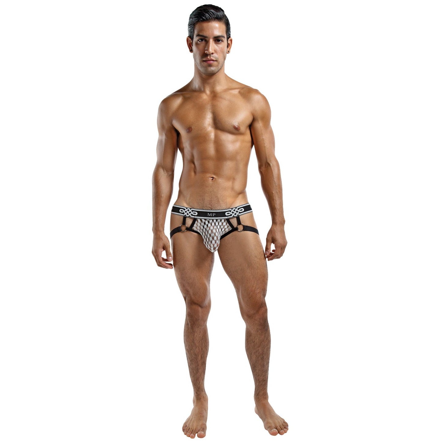 A man from the Male Power PEEP SHOW Collection stands barefoot, showcasing the Jock Ring—a black and white patterned jockstrap with a sleek black waistband. With short dark hair and an athletic physique, he embodies its essence against a plain white backdrop.