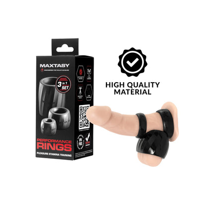 A Maxtasy Performance Rings package is shown next to a 3-ring set modeled for enhanced erection, with High Quality Material and a checkmark ensuring body-safe materials. The white background accentuates the sophistication of these Maxtasy stamina rings.