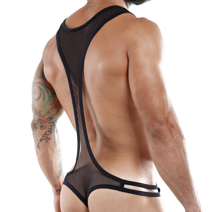 Someone wearing the Miami Jock Body Suit, crafted from luxurious fabric with thin straps and a low back, has a tattoo on their arm that complements its playful style. The image focuses on the back view, highlighting the unique design of this alluring Miami Jock attire.