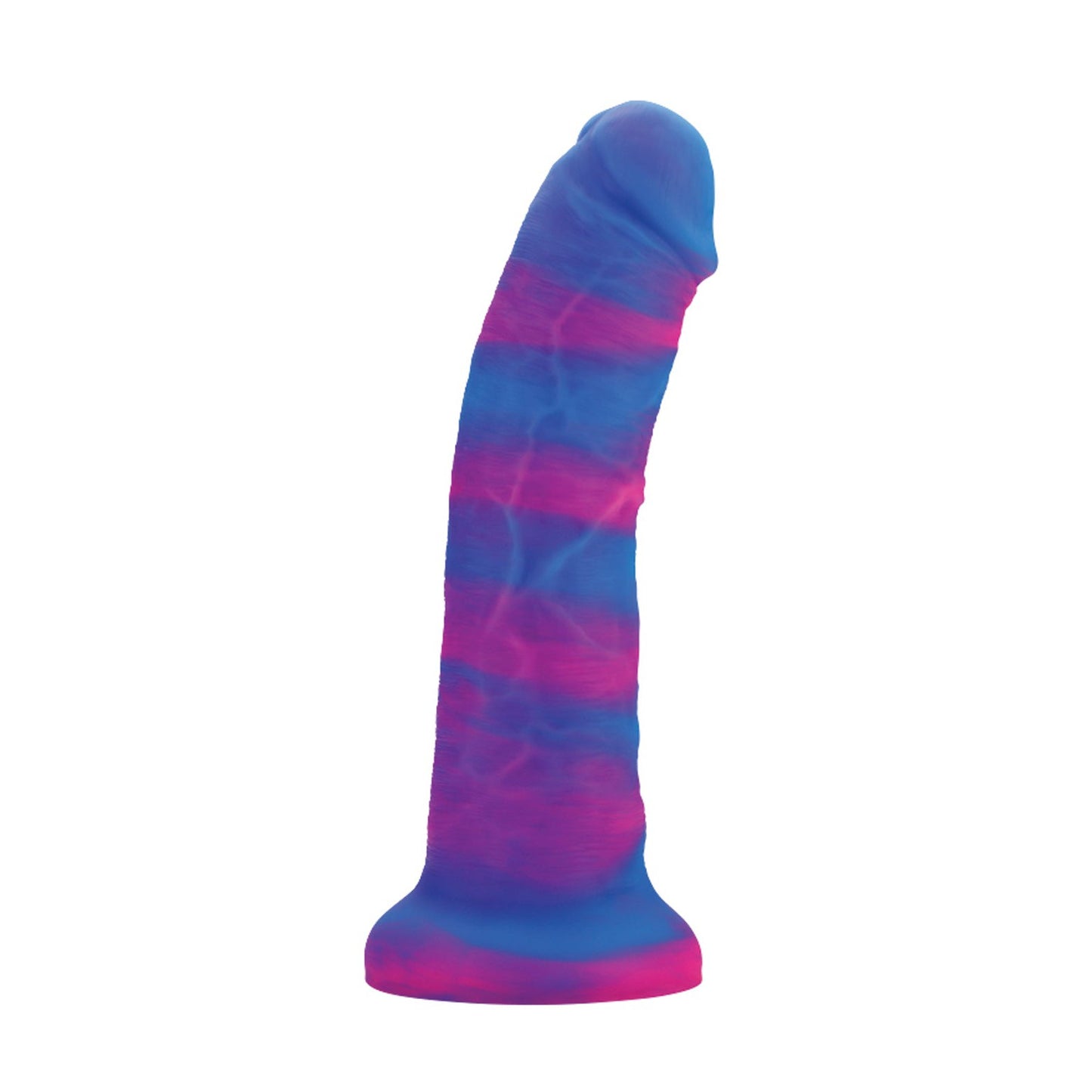 The Nobu Rainbow 8 Dildo by Nobu showcases its vibrant blue and pink striped silicone design with a curved shape and sturdy suction cup base, all set against a plain white background.