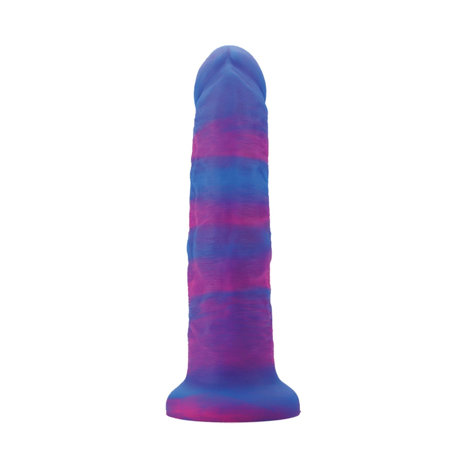 The Nobu Rainbow 8 Dildo, a flawless silicone toy in blue and pink gradients, stands upright with a smooth design, gentle ridges, and a flared base for stability. Expertly crafted with a strong suction cup for endless enjoyment.