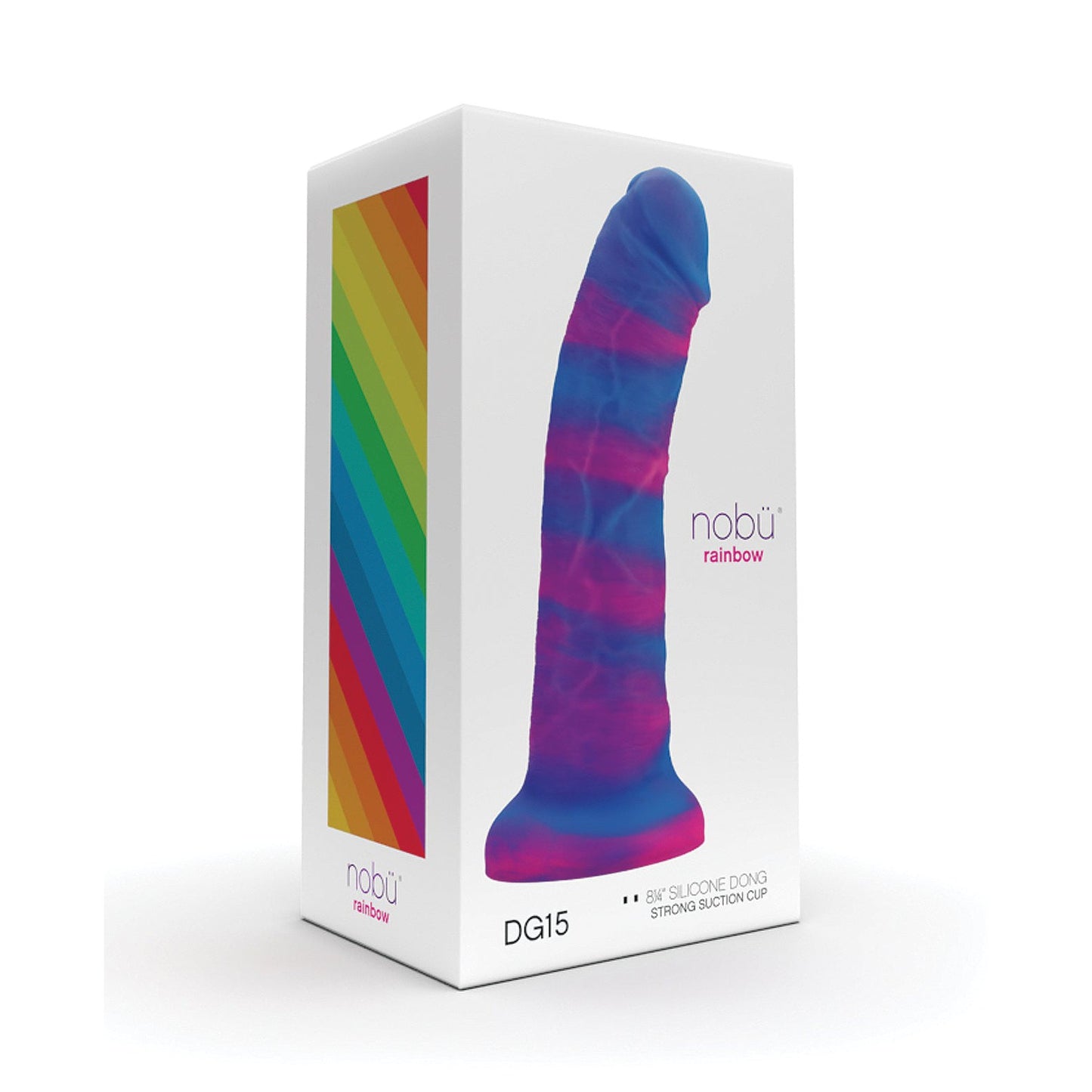 The Nobu Rainbow 8\ Dildo box features a vibrant, multicolored silicone design with a strong suction cup. The packaging displays a rainbow color scheme and prominently showcases the brand name Nobu along with the model DG15.