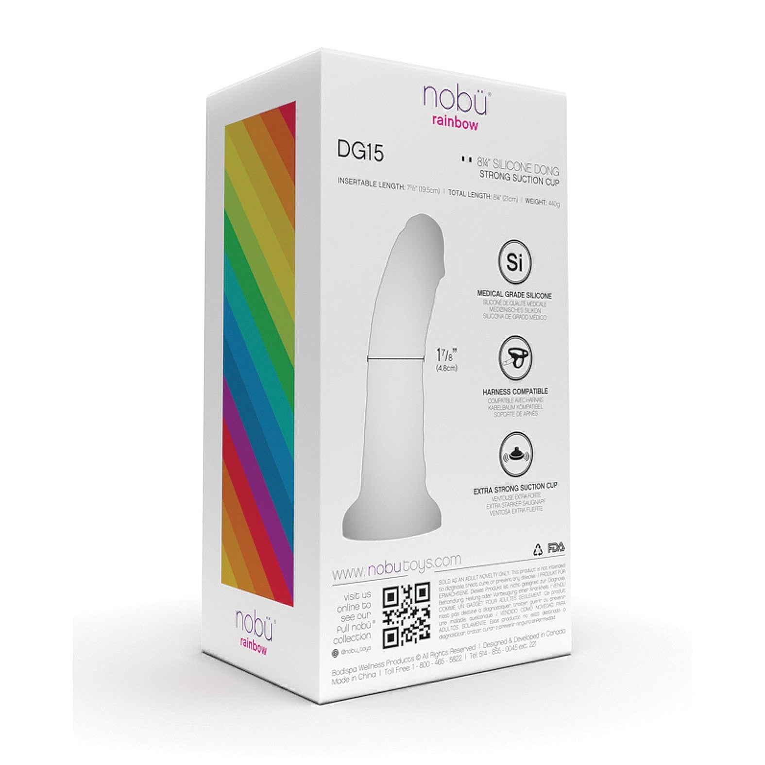 The Nobu Rainbow 8 Dildo packaging features vibrant rainbow stripes and showcases a medical-grade silicone dildo. It offers harness compatibility and has a strong suction cup for versatile use, making it ideal for silicone dong enthusiasts.