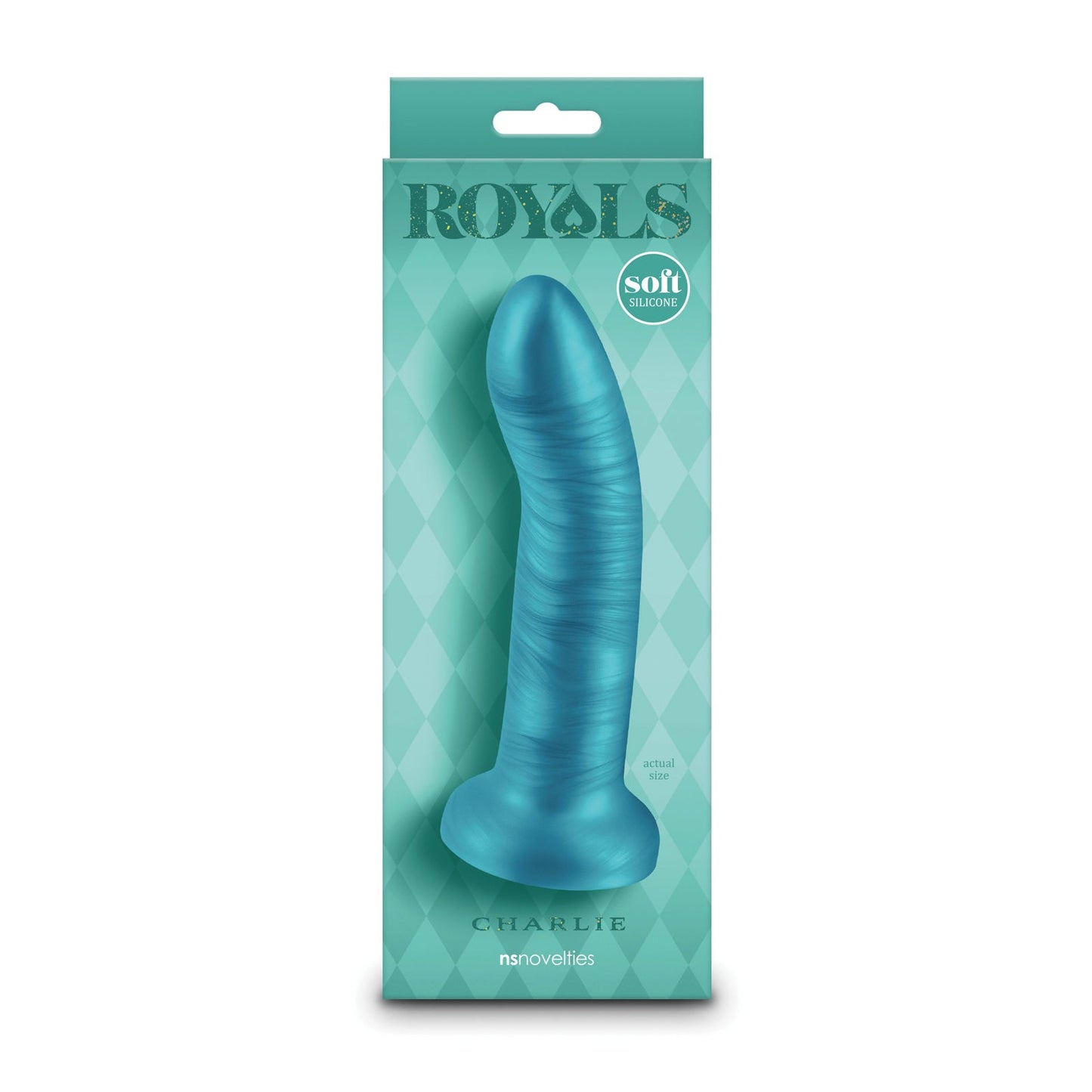 A teal Royals 6 Charlie Curved Dildo from NS Novelties is showcased in packaging with a diamond pattern, labeled Royals, Soft Silicone, and featuring shimmery plush silicone for luxury.