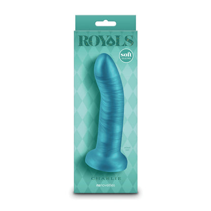 A teal Royals 6 Charlie Curved Dildo from NS Novelties is showcased in packaging with a diamond pattern, labeled Royals, Soft Silicone, and featuring shimmery plush silicone for luxury.