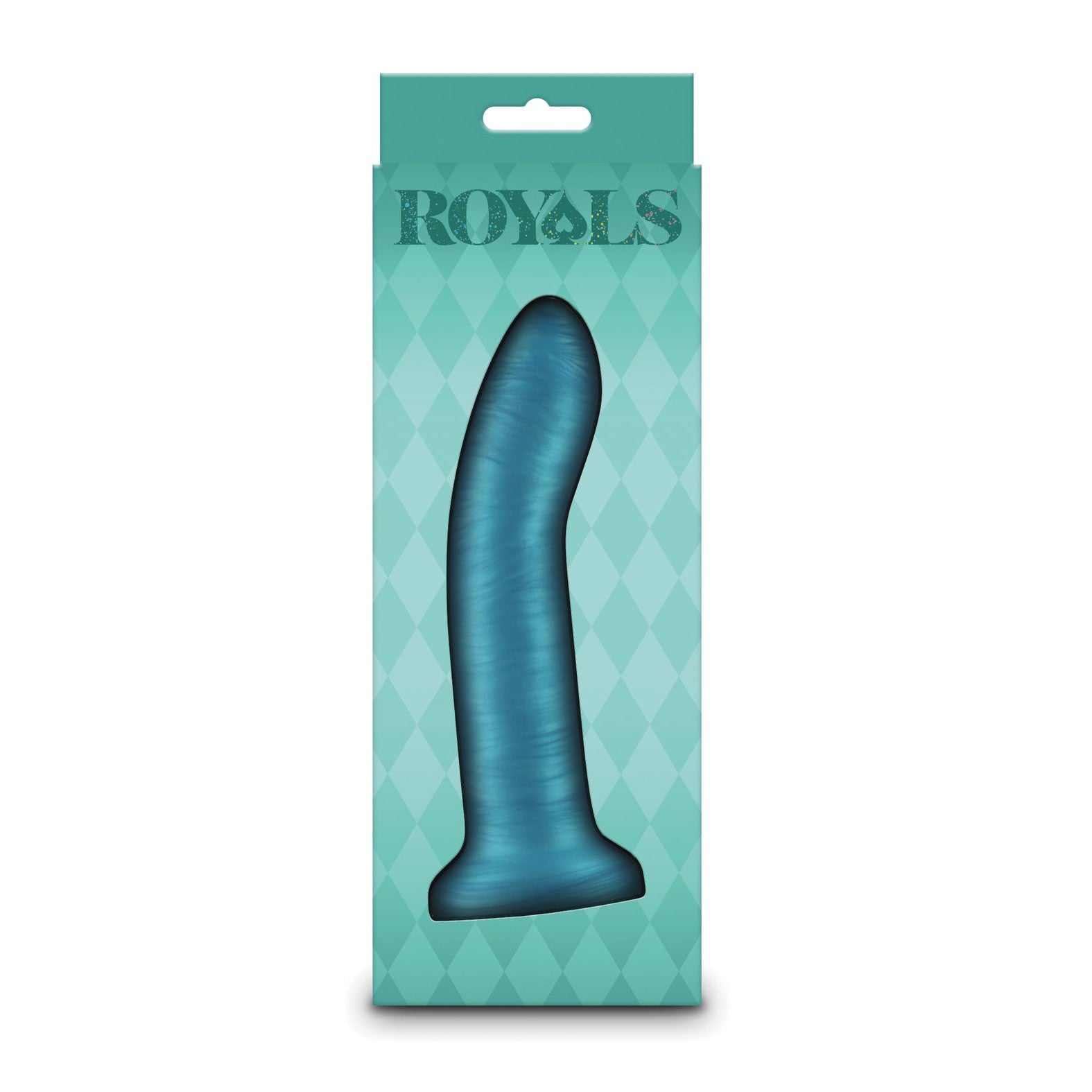 The image displays the NS Novelties Royals 6 Charlie Curved Dildo in teal, crafted from shimmery plush silicone with a flared base and strong suction cups. It is packaged in a teal diamond-patterned ROYALS COLLECTION box with a cutout highlighting its elegant design.