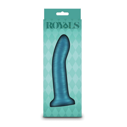 The image displays the NS Novelties Royals 6 Charlie Curved Dildo in teal, crafted from shimmery plush silicone with a flared base and strong suction cups. It is packaged in a teal diamond-patterned ROYALS COLLECTION box with a cutout highlighting its elegant design.