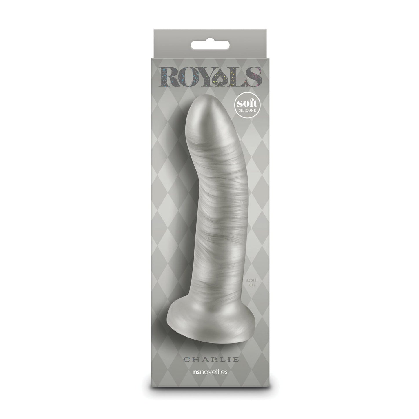 The image showcases a Royals 6 Charlie Curved Dildo by NS Novelties, featuring strong suction cups. Visible through the boxs transparent section, it boasts soft, realistic texture and shimmery plush silicone, set against a diamond-patterned background.