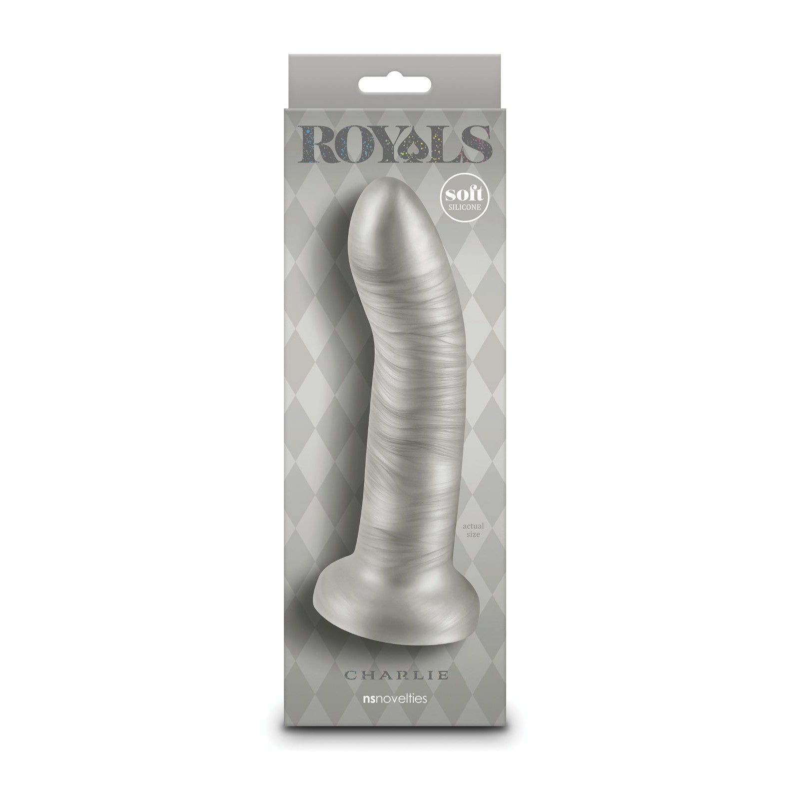 The image showcases a Royals 6 Charlie Curved Dildo by NS Novelties, featuring strong suction cups. Visible through the boxs transparent section, it boasts soft, realistic texture and shimmery plush silicone, set against a diamond-patterned background.