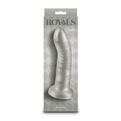 The image showcases a Royals 6 Charlie Curved Dildo by NS Novelties, featuring strong suction cups. Visible through the boxs transparent section, it boasts soft, realistic texture and shimmery plush silicone, set against a diamond-patterned background.