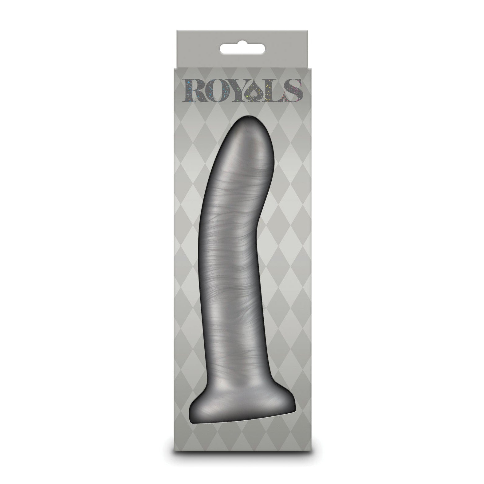 Box featuring the Royals 6 Charlie Curved Dildo by NS Novelties, crafted from shimmery plush silicone in silver-gray with a flared base. The prestigious Royals collection name is prominently displayed against a diamond pattern background.