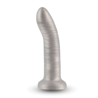 The Royals 6 Charlie Curved Dildo by NS Novelties, a silver cylindrical object with a rounded tip and curved design, stands upright on strong suction cups against a plain white background.