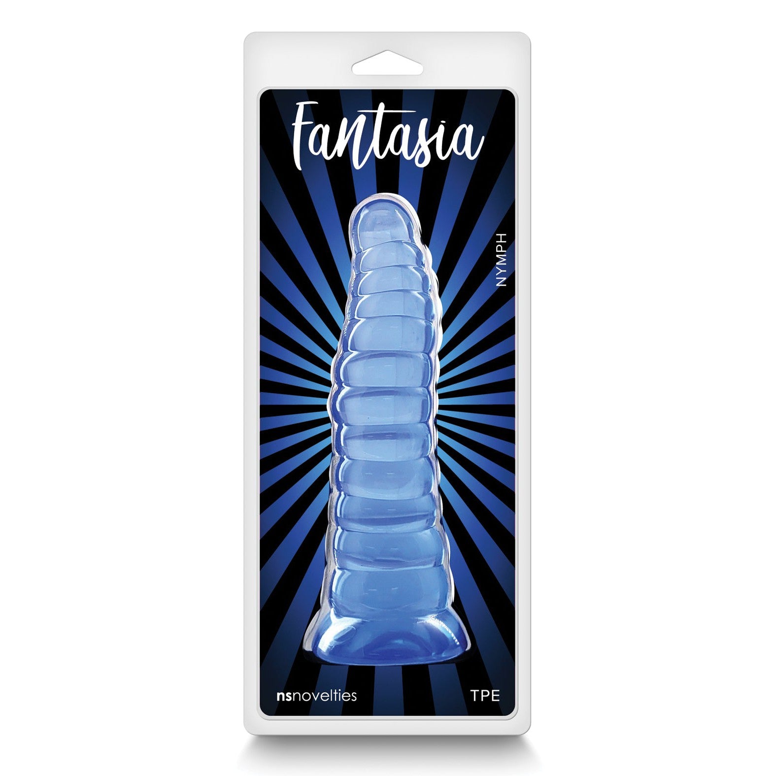 The image shows the packaging for Fantasia Nymph, a blue, ribbed, cone-shaped toy by NS Novelties. It features a starburst design and emphasizes its super flexible nature with TPE marked on the corner.