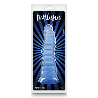 The image shows the packaging for Fantasia Nymph, a blue, ribbed, cone-shaped toy by NS Novelties. It features a starburst design and emphasizes its super flexible nature with TPE marked on the corner.