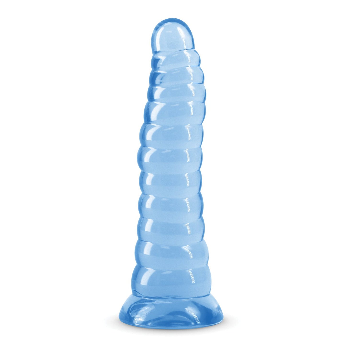 The Fantasia Nymph by NS Novelties features a visually exciting ribbed blue cylindrical design with a smooth tip and rounded base. It stands upright against a white background, offering superb flexibility for enhanced luxurious sensations.