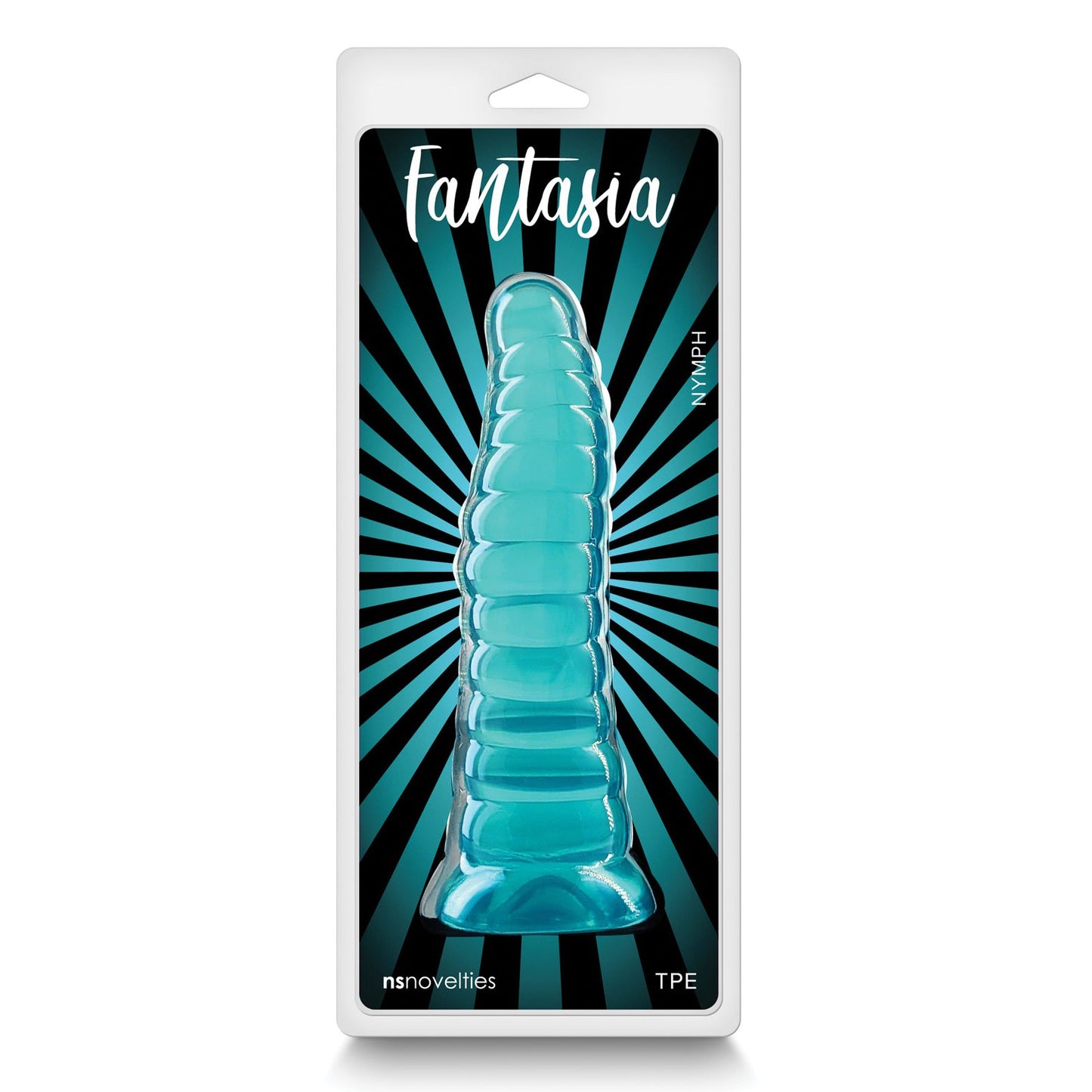 Teal-colored, ribbed Fantasia Nymph by NS Novelties in packaging with black and teal radial stripes promises luxurious sensations through its super flexible design.