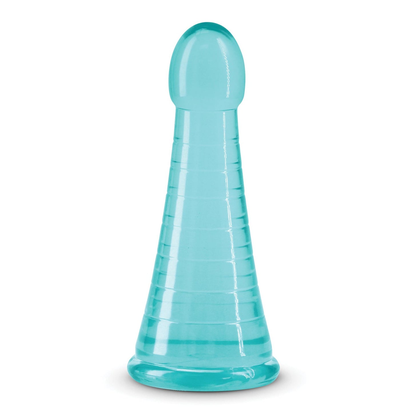 A translucent blue conical object with a rounded top and ribbed texture, resembling the Fantasia Phoenix by NS Novelties, stands upright on a flat base.