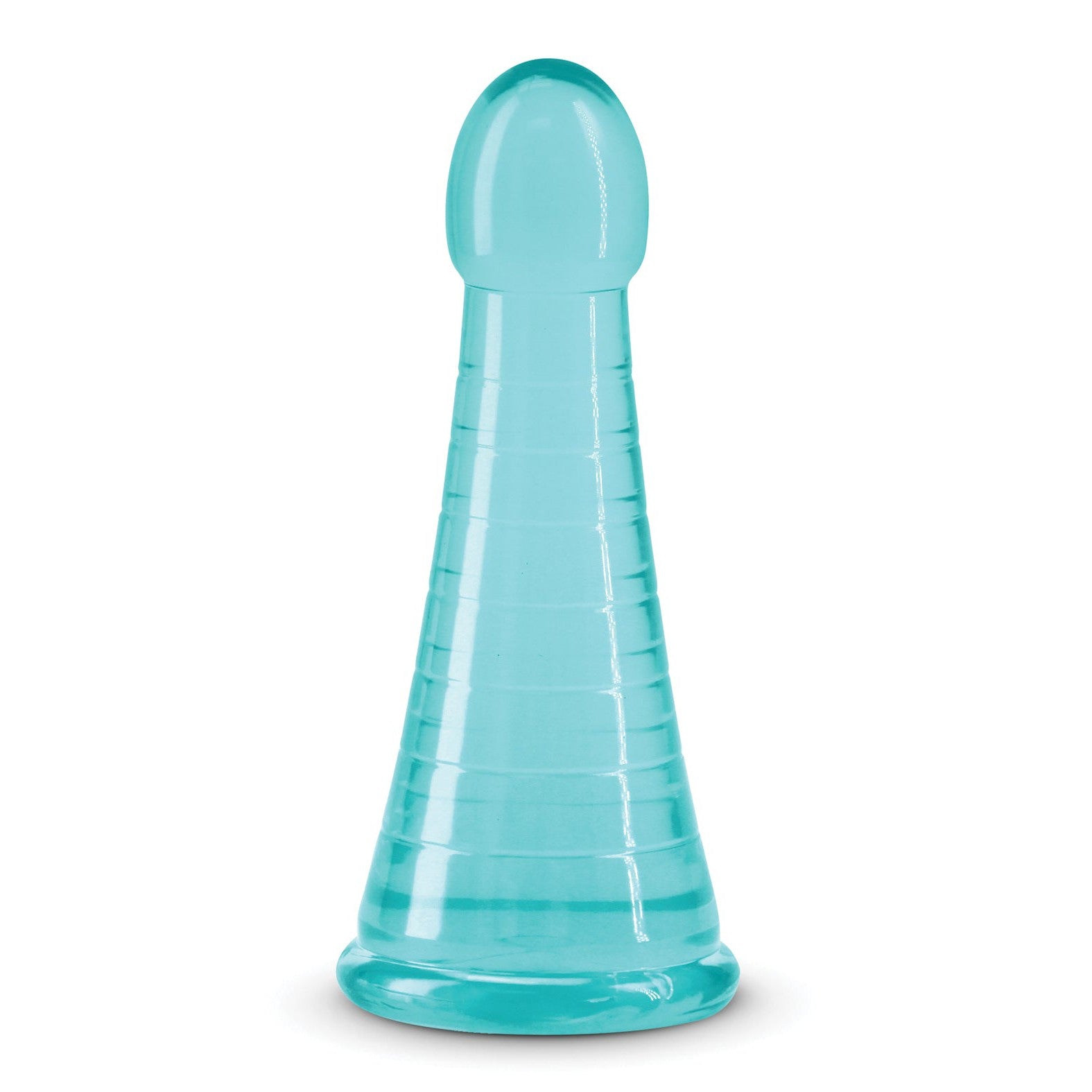 A translucent blue conical object with a rounded top and ribbed texture, resembling the Fantasia Phoenix by NS Novelties, stands upright on a flat base.
