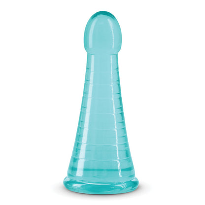 A translucent blue conical object with a rounded top and ribbed texture, resembling the Fantasia Phoenix by NS Novelties, stands upright on a flat base.