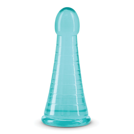A translucent blue conical object with a rounded top and ribbed texture, resembling the Fantasia Phoenix by NS Novelties, stands upright on a flat base.