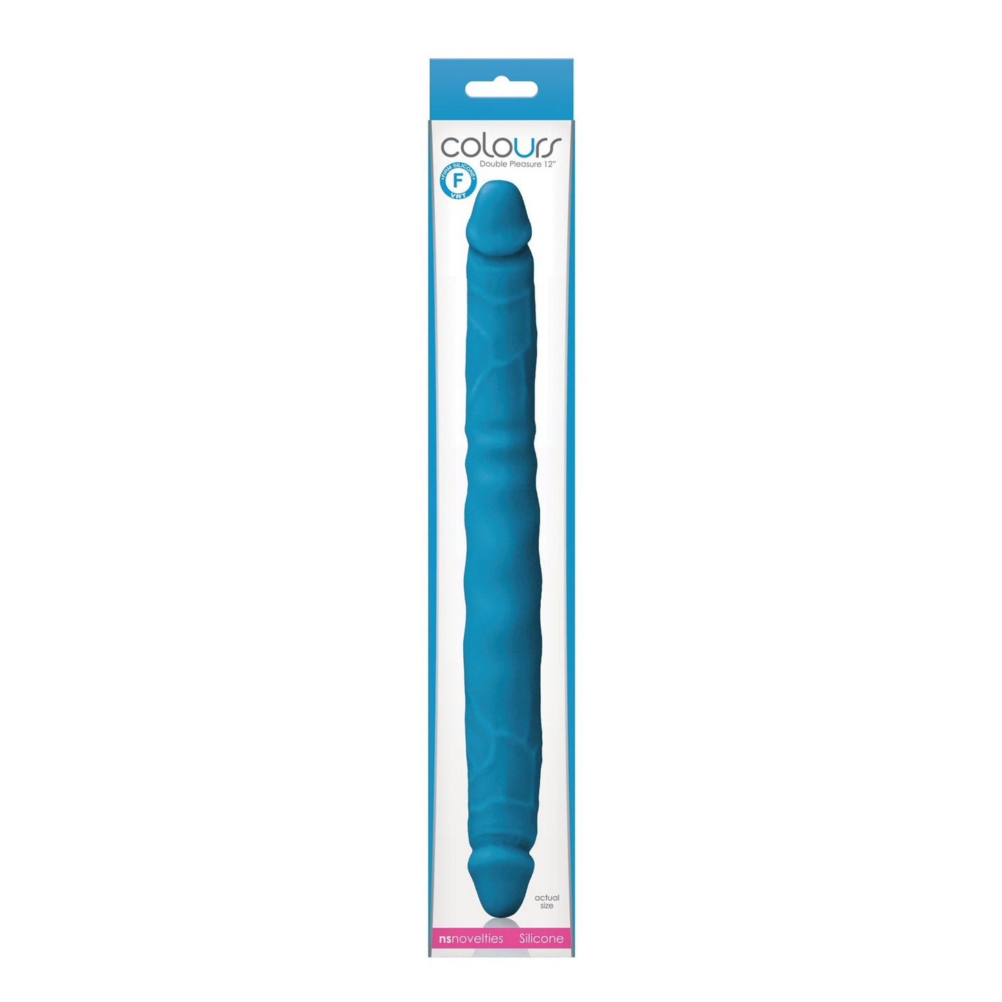 A vertically displayed packaged blue silicone double-ended dildo with a realistic design. The packaging has a white background with blue accents, featuring the brand NS Novelties and the product name Colours Double Pleasures, promising double pleasure.