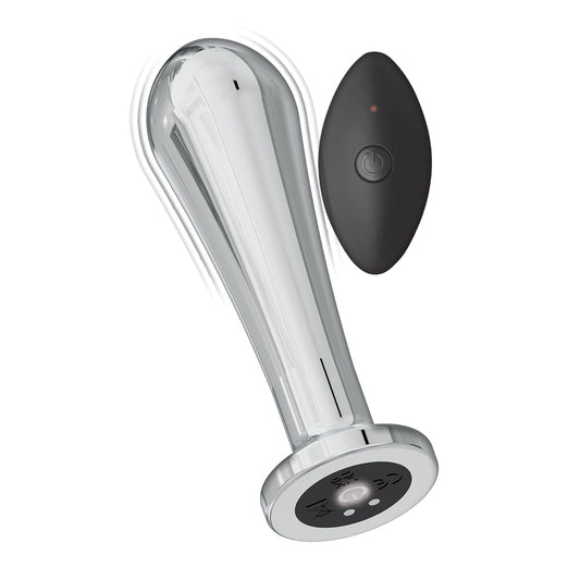 The Ass-sation Remote Vibrating Metal Anal Bulb in silver is a conical device with buttons, an LED light, and a flat base. It includes a black, egg-shaped remote featuring a power button and red indicator light for seamless vibration control.
