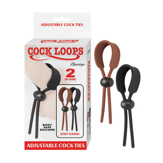 The packaging of Nasstoys Cock Loops Adjustable Cock Ties includes two adjustable silicone rings in black and brown, promoting a 2 in 1 feature for customized pleasure with body-safe materials.