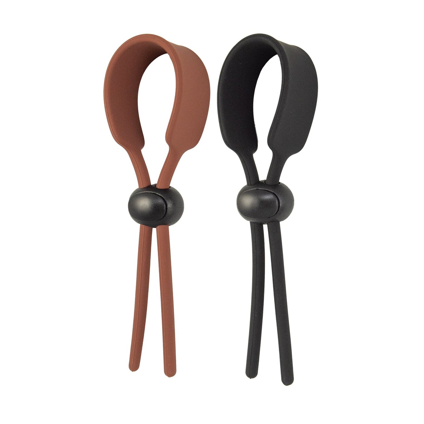 Two Cock Loops Adjustable Cock Ties by Nasstoys, made from body-safe materials, come in brown and black. Each features a looped end and a spherical magnet at the center, perfect for personalized pleasure. Theyre shown side by side against a white background.