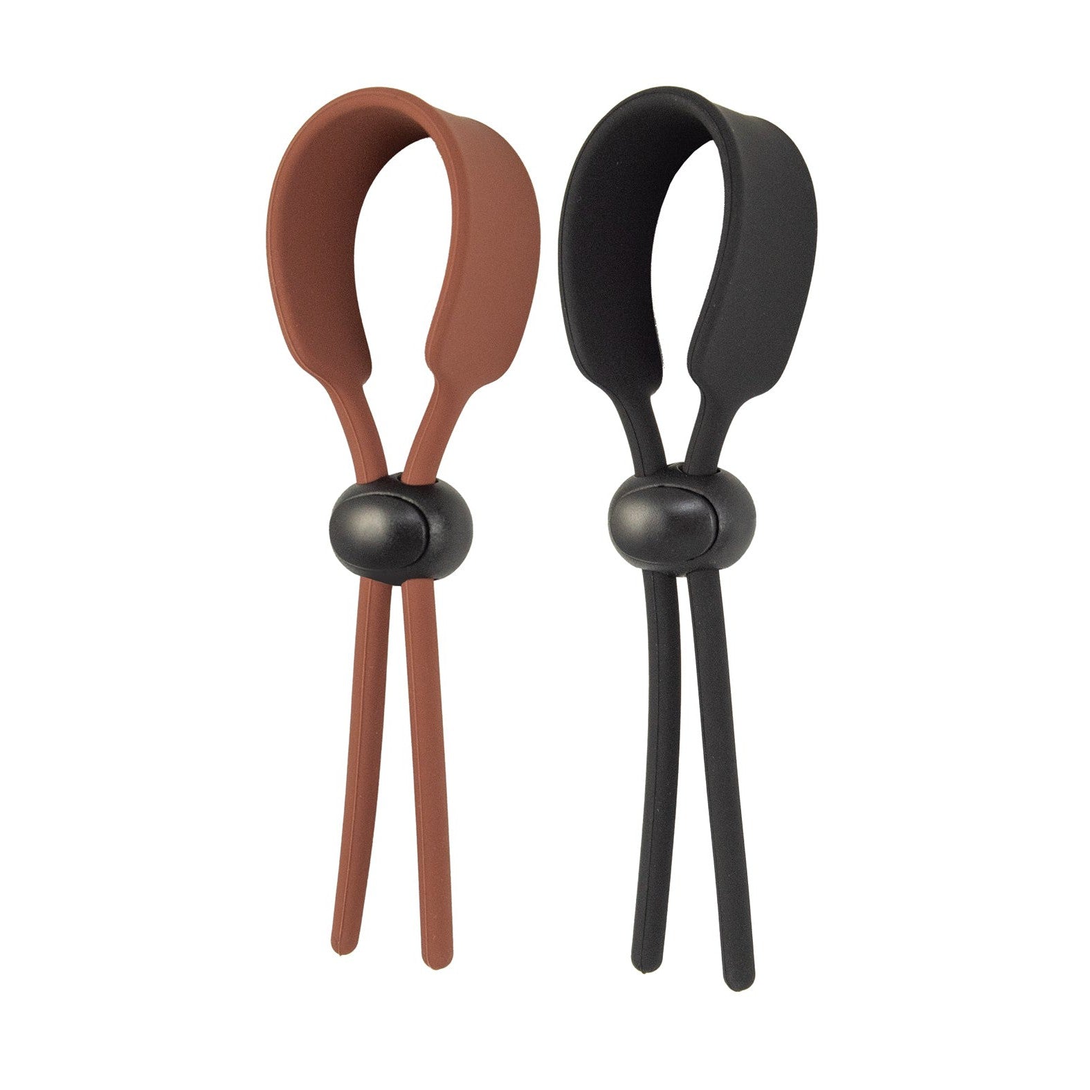 Two Cock Loops Adjustable Cock Ties by Nasstoys, made from body-safe materials, come in brown and black. Each features a looped end and a spherical magnet at the center, perfect for personalized pleasure. Theyre shown side by side against a white background.