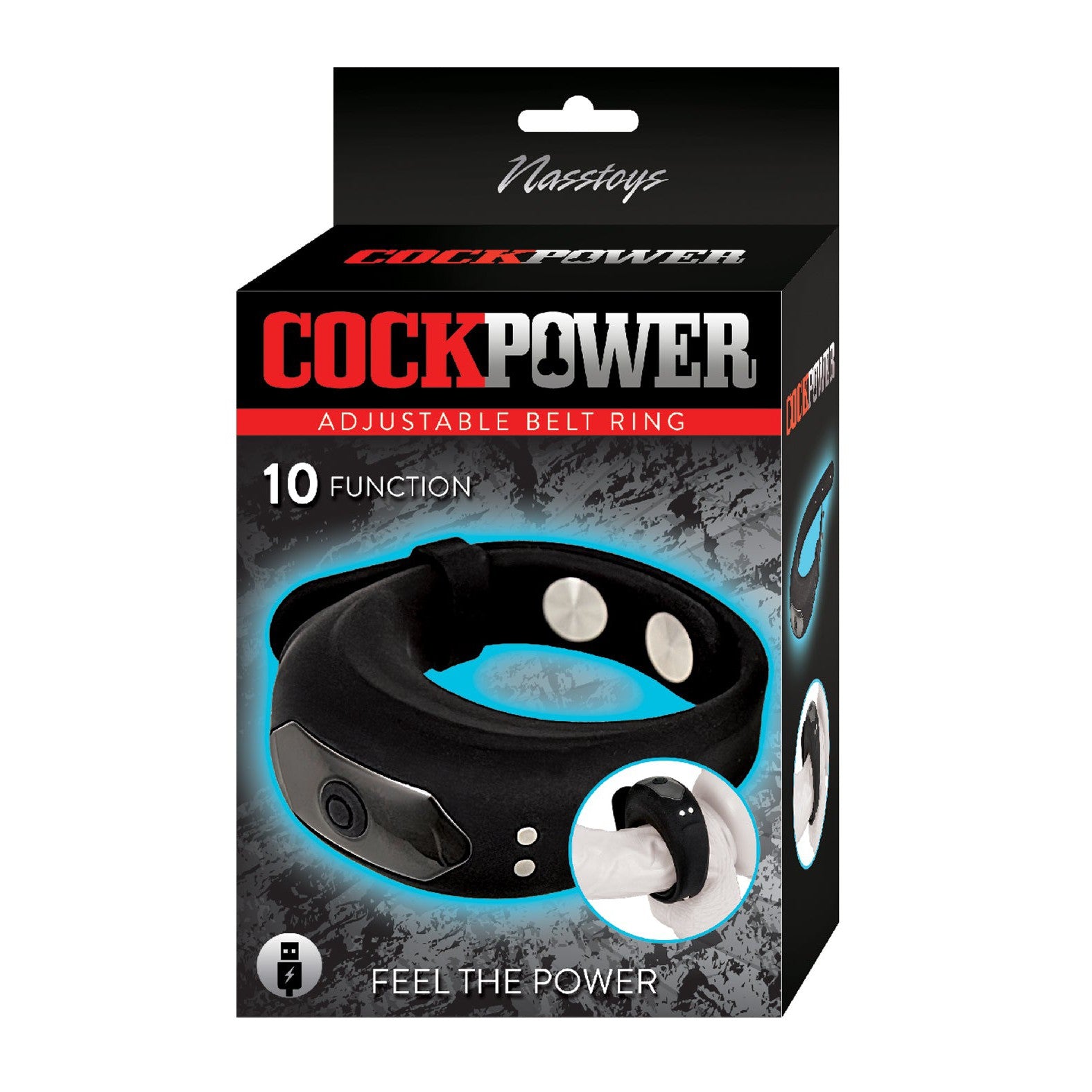 The packaging displays the Cockpower Adjustable Belt Ring by Nasstoys, featuring a black adjustable belt ring with strong vibrations and a 10-function setting. A close-up inset image against a textured background highlights the product, prominently displaying Cockpower.