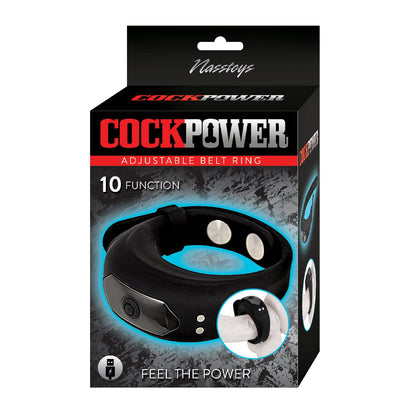 The packaging displays the Cockpower Adjustable Belt Ring by Nasstoys, featuring a black adjustable belt ring with strong vibrations and a 10-function setting. A close-up inset image against a textured background highlights the product, prominently displaying Cockpower.