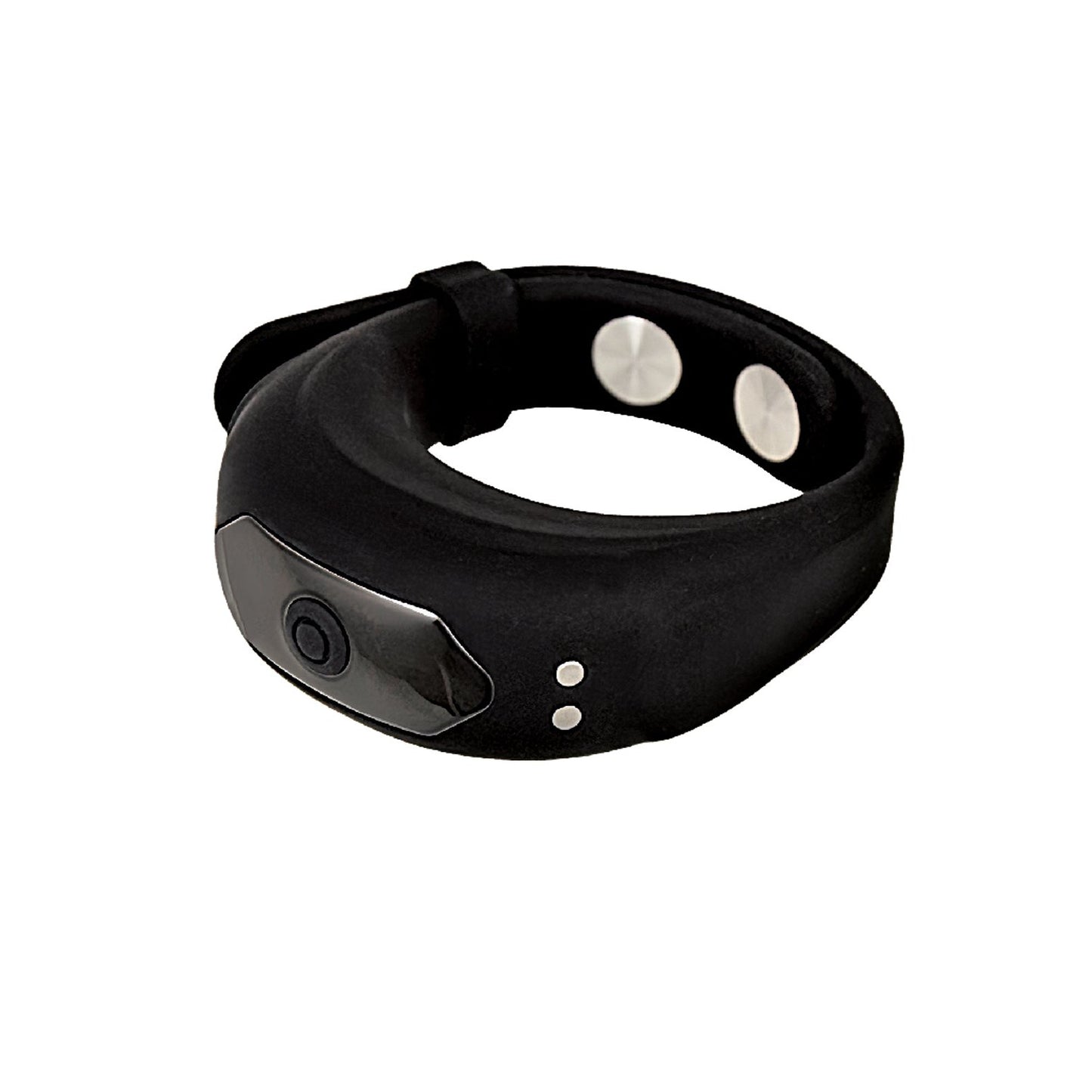 A black Cockpower Adjustable Belt Ring by Nasstoys, with a sleek waterproof design, is shown on a white background. It features a rectangular screen, two side buttons, and interior metallic contact points for powerful vibrations with notifications.