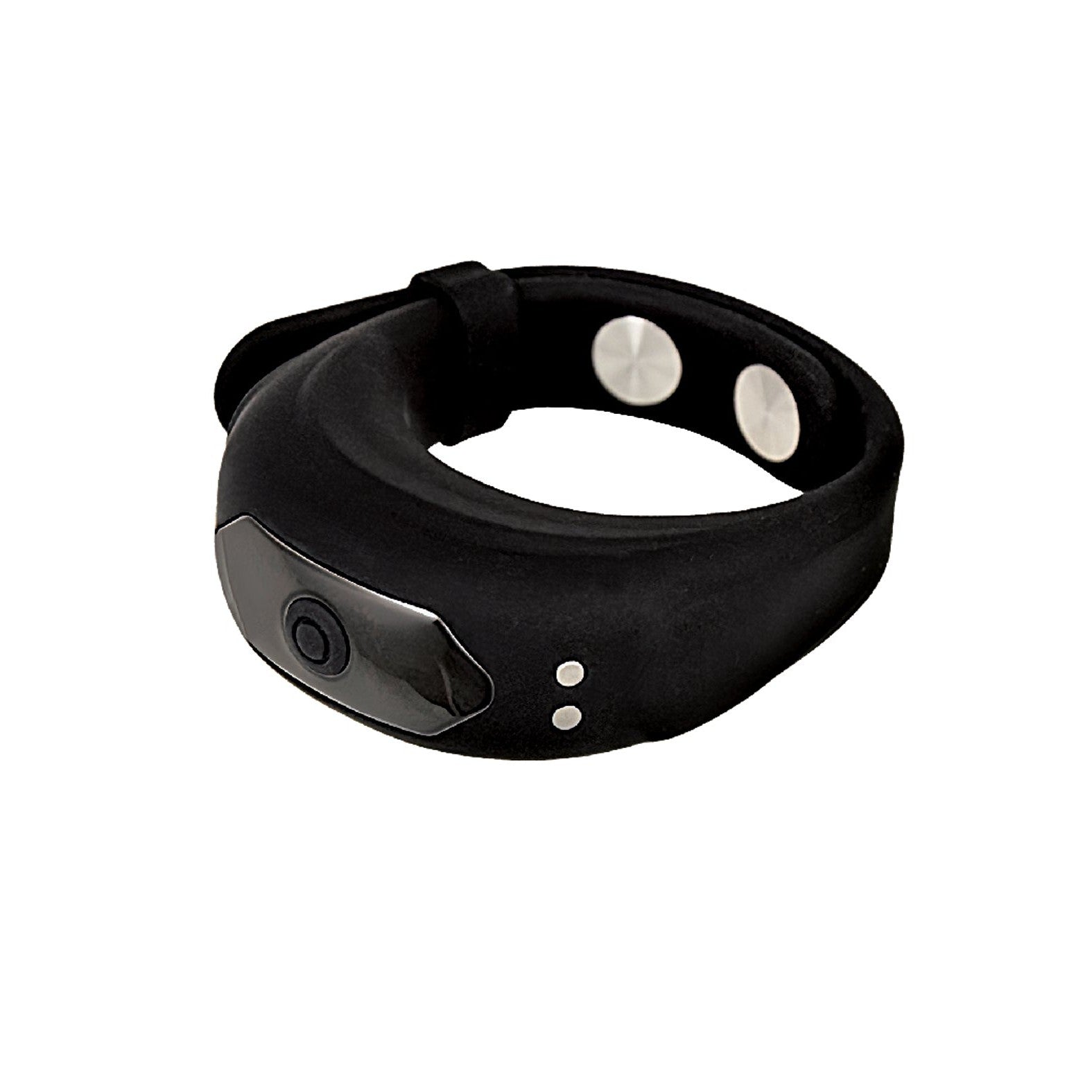 A black Cockpower Adjustable Belt Ring by Nasstoys, with a sleek waterproof design, is shown on a white background. It features a rectangular screen, two side buttons, and interior metallic contact points for powerful vibrations with notifications.