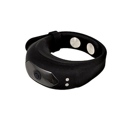A black Cockpower Adjustable Belt Ring by Nasstoys, with a sleek waterproof design, is shown on a white background. It features a rectangular screen, two side buttons, and interior metallic contact points for powerful vibrations with notifications.