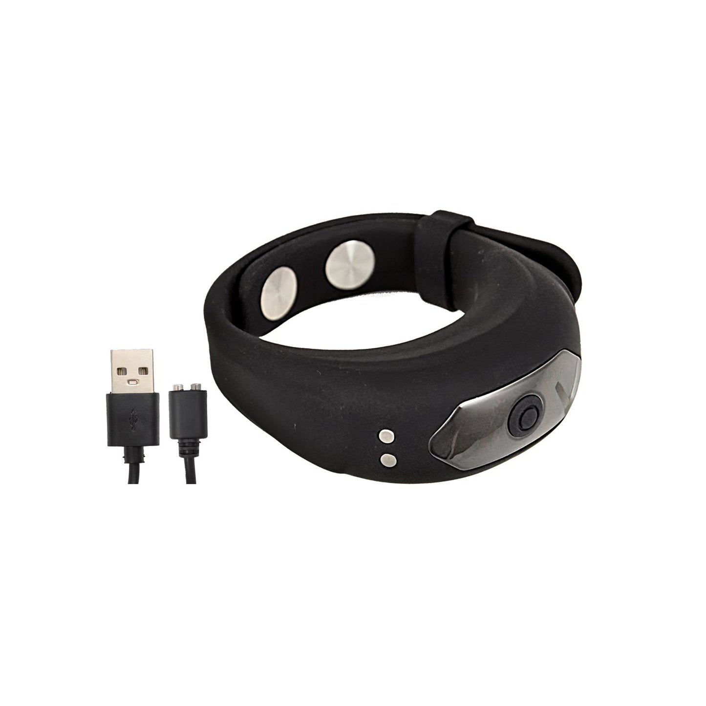 The Cockpower Adjustable Belt Ring by Nasstoys features a black wristband with a metallic dial and dual round buttons in a waterproof design. It includes a USB charging cable with both standard USB and micro-USB connectors.