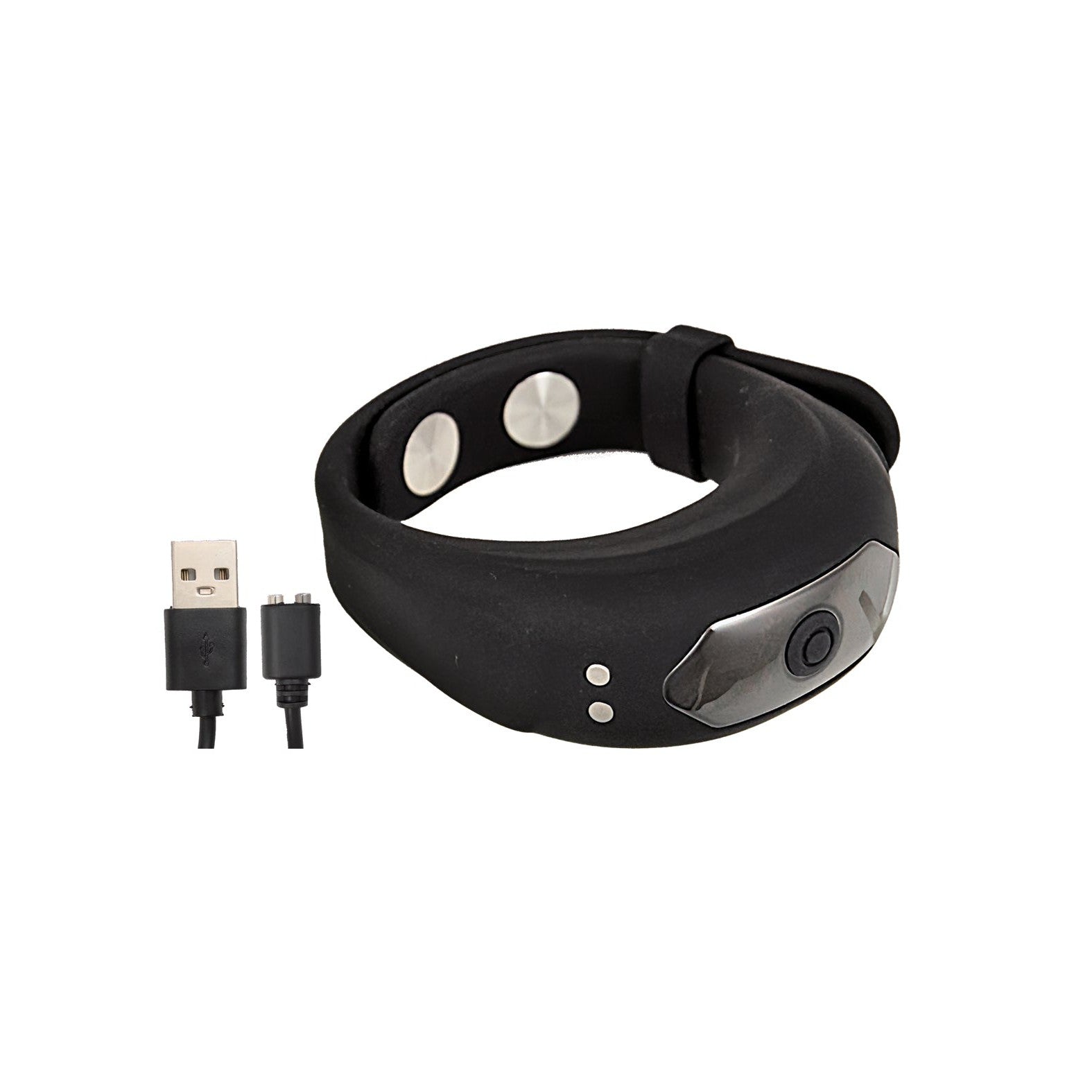 The Cockpower Adjustable Belt Ring by Nasstoys features a black wristband with a metallic dial and dual round buttons in a waterproof design. It includes a USB charging cable with both standard USB and micro-USB connectors.
