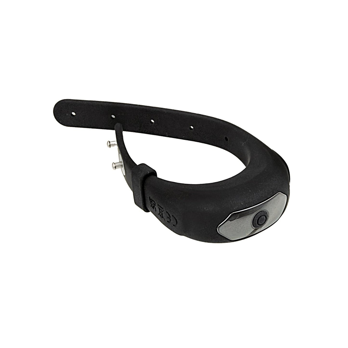 The Cockpower Adjustable Belt Ring by Nasstoys is a sleek black wearable resembling a bracelet, featuring a strap with a metallic button and two metallic pins. Its waterproof design makes it perfect for daily wear, merging style with functionality. Displayed on a flat white background.