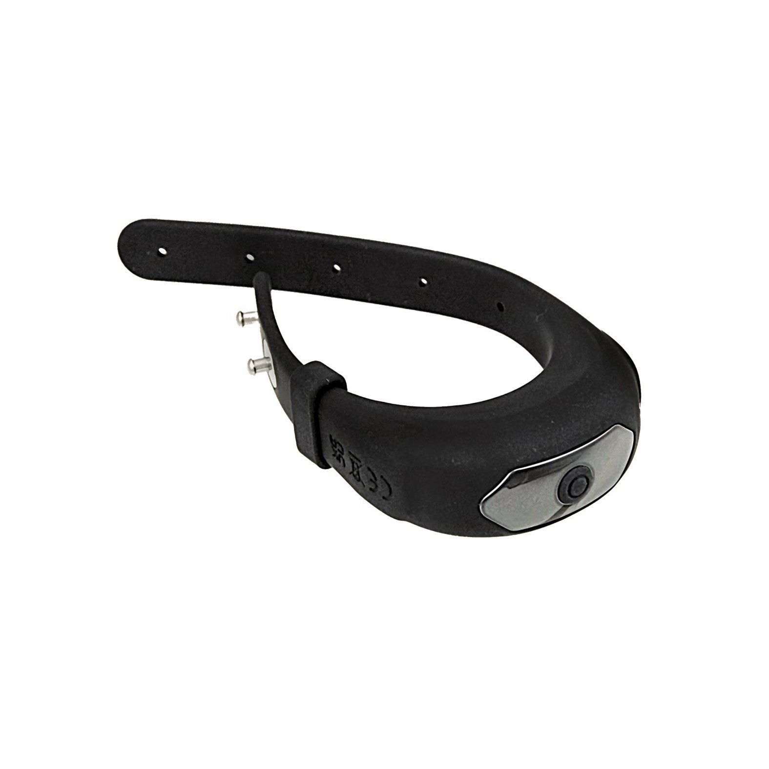 The Cockpower Adjustable Belt Ring by Nasstoys is a sleek black wearable resembling a bracelet, featuring a strap with a metallic button and two metallic pins. Its waterproof design makes it perfect for daily wear, merging style with functionality. Displayed on a flat white background.
