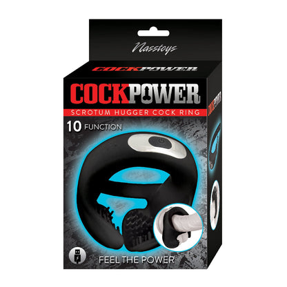 The packaging for the Nasstoys Cockpower Scrotum Hugger Cock Ring showcases a black silicone ring with textured grips, highlights 10 functions, and features a small circular cutout for a product close-up.
