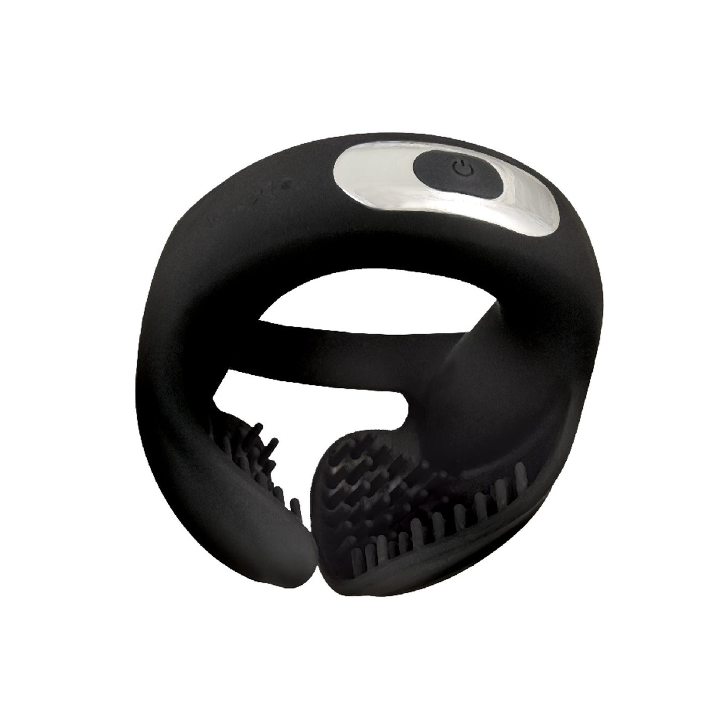 The Cockpower Scrotum Hugger Cock Ring by Nasstoys features soft silicone, a power button on top, and a black handheld design crafted for comfort and durability.