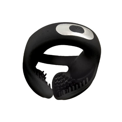 The Cockpower Scrotum Hugger Cock Ring by Nasstoys features soft silicone, a power button on top, and a black handheld design crafted for comfort and durability.