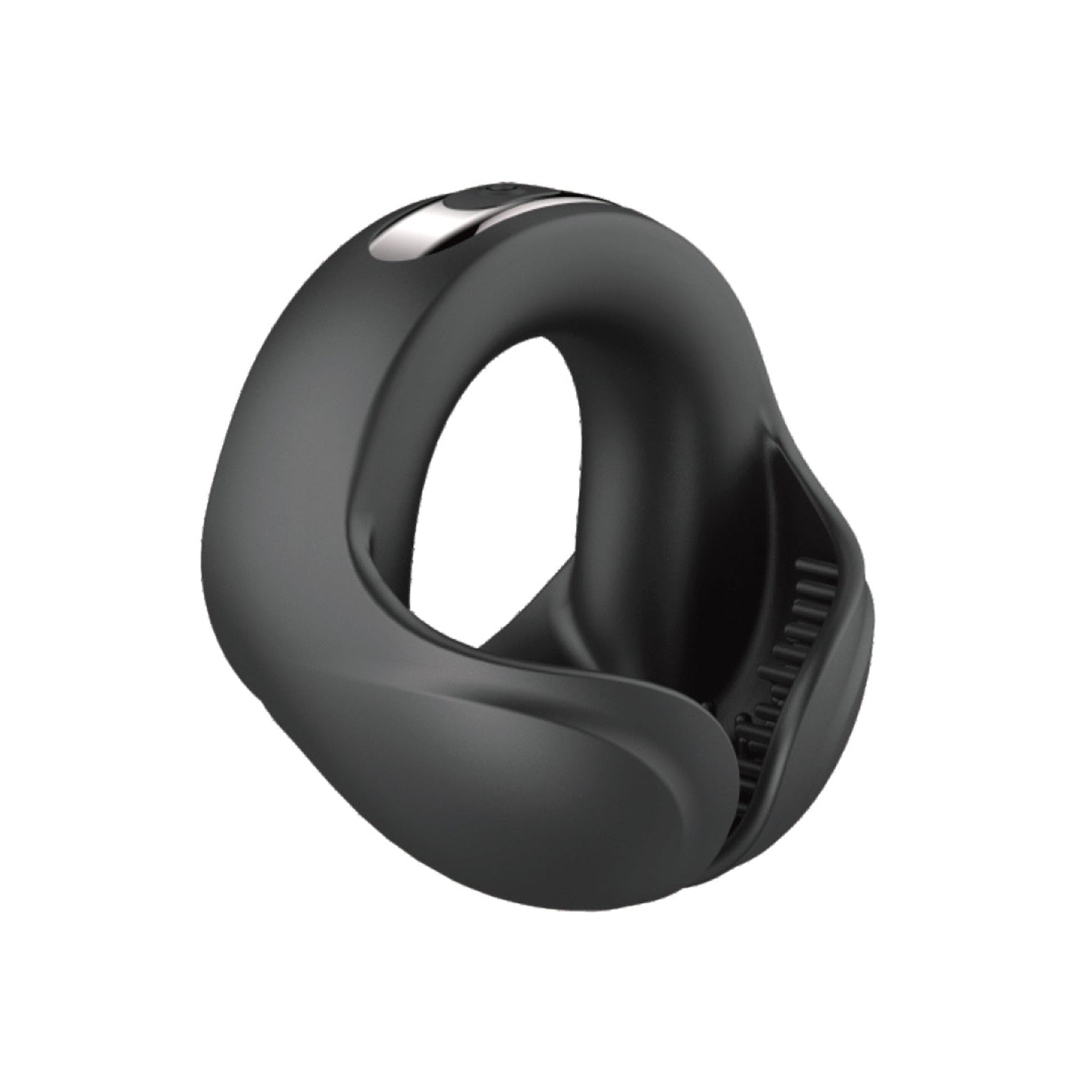 The Nasstoys Cockpower Scrotum Hugger Cock Ring is a sleek black silicone ring with an ergonomic grip, curving design, and control button on top. It features an open circular form with a grooved interior for added texture and discreet scrotum hugging.