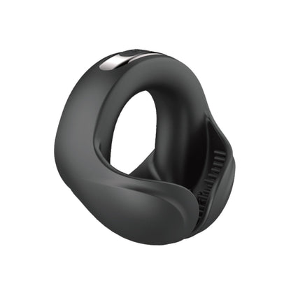 The Nasstoys Cockpower Scrotum Hugger Cock Ring is a sleek black silicone ring with an ergonomic grip, curving design, and control button on top. It features an open circular form with a grooved interior for added texture and discreet scrotum hugging.